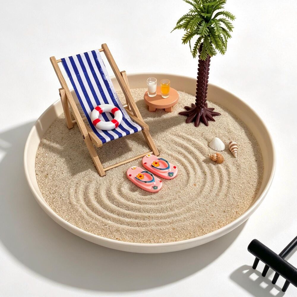 Mini Beach Zen Garden Kit, Coastal Desk Decor, Sand Tray, Rake, Chair, Palm Tree